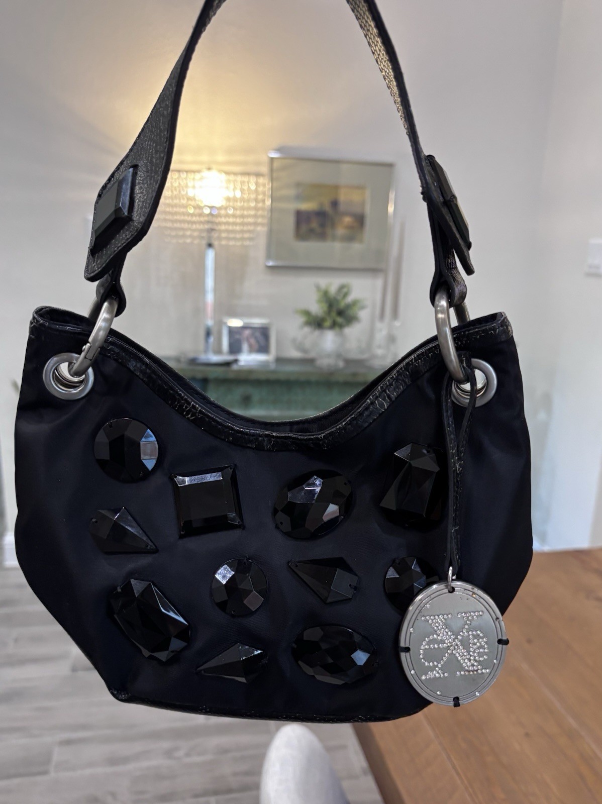 Vintage EXTE Italy Metallic Python Leather & Nylon Crystal Crescent baguette bag
