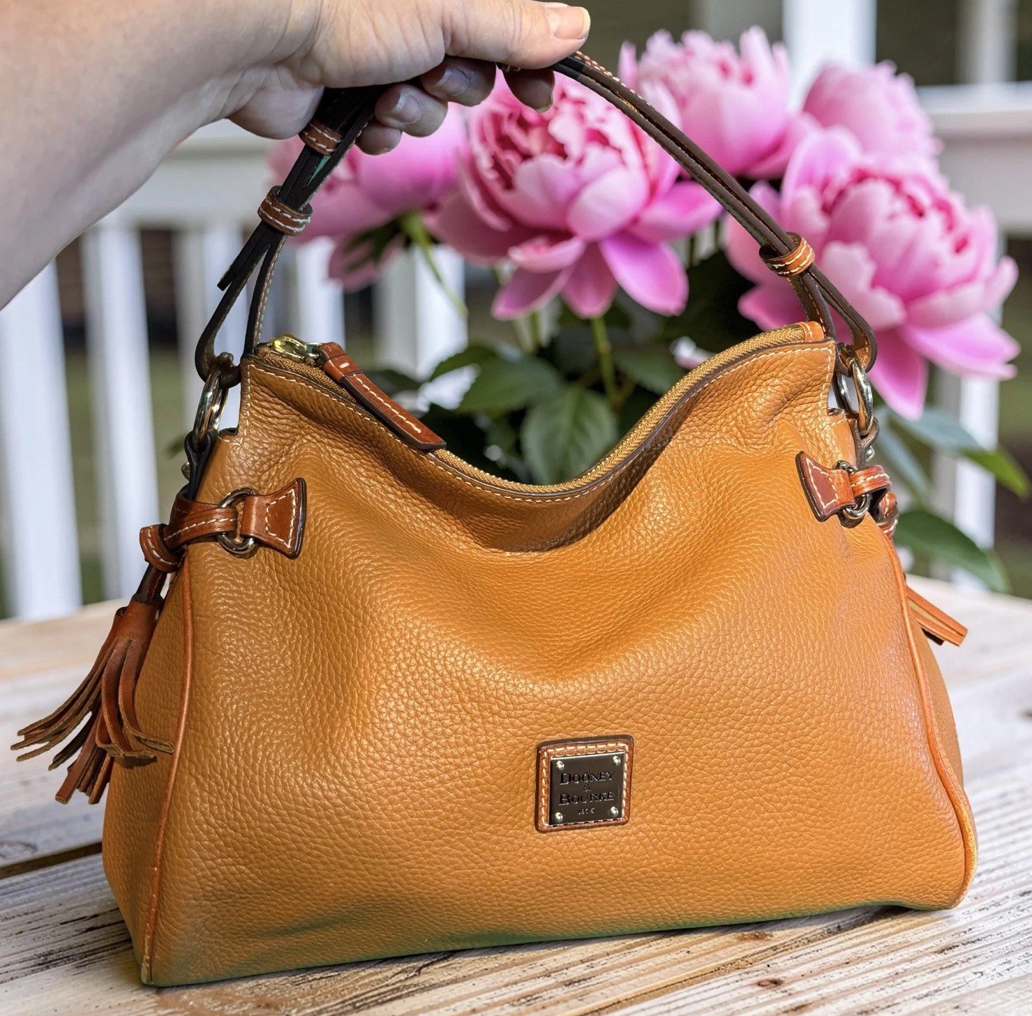 Dooney Bourke Caramel Brown Hobo Zip Shoulder Bag Pebbled Leather