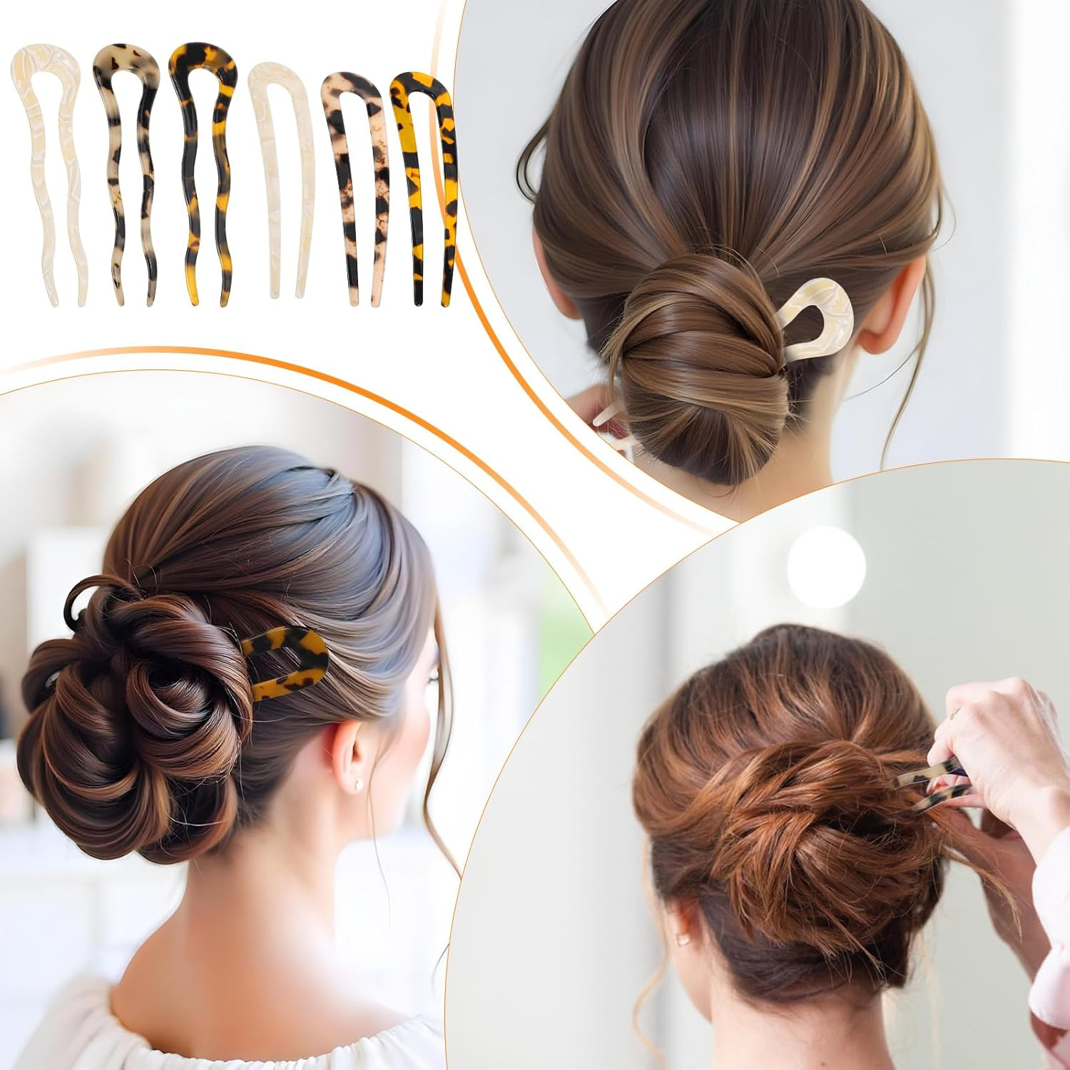 6 Pcs Tortoise Shell U Shaped Hair Pins for Thick Long Hair (Yellow, Beige)