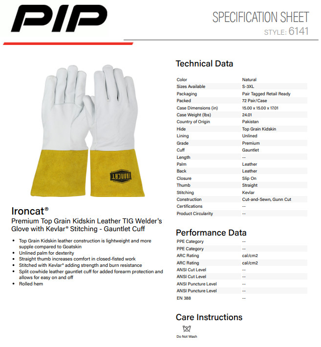 Ironcat 6141 Top Grain Kidskin Leather Made With Kevlar TIG Welding Gloves