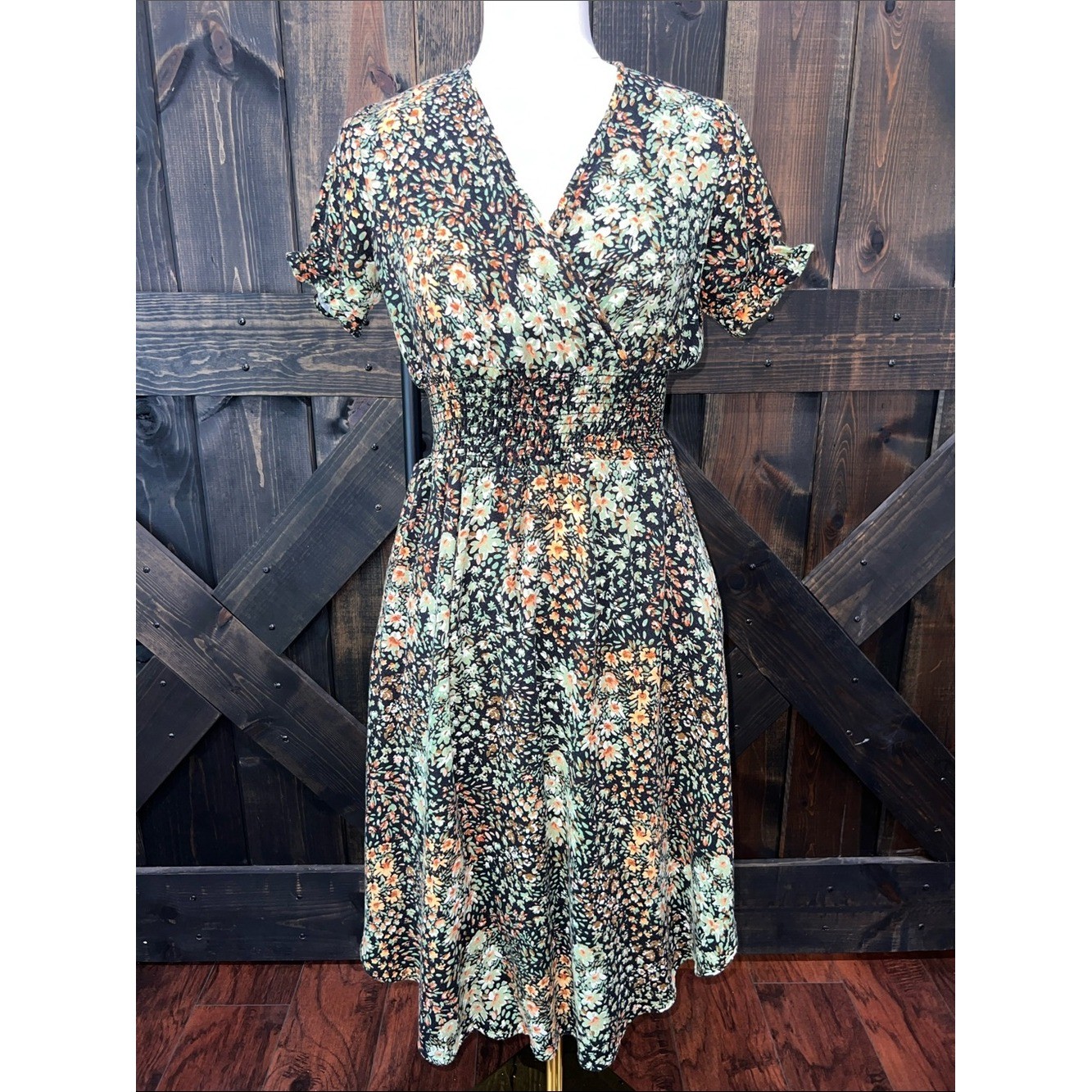 SOZY Hazel Midi Dress Black Floral S Puff Sleeve Smock Cottagecore Garden Fairy