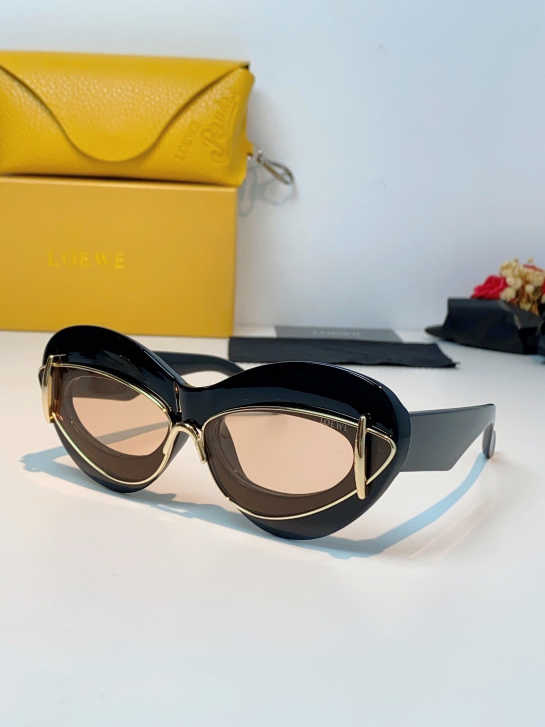 LOEWE Cat Eye Sunglasses Black Frame Light Pink Lens Double Rim Fashion Shades