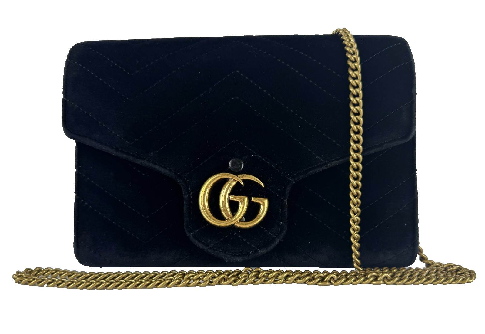 Gucci Auth Black Velvet Leather GG Marmont Mini Chain Strap Bag Wallet Crossbody