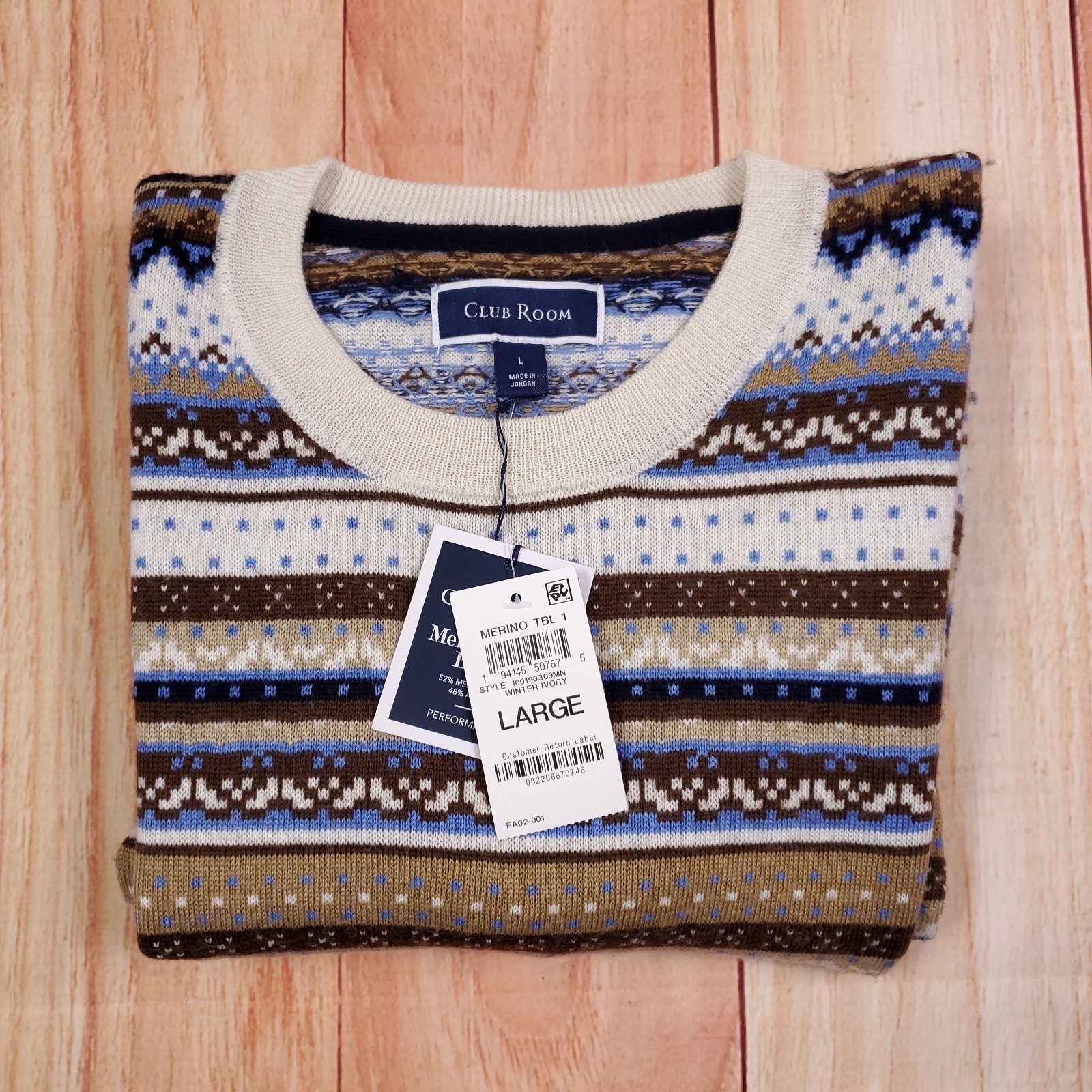 NEW Club Room Pullover Sweater Large Merino Wool Blend Crew Neck Performance