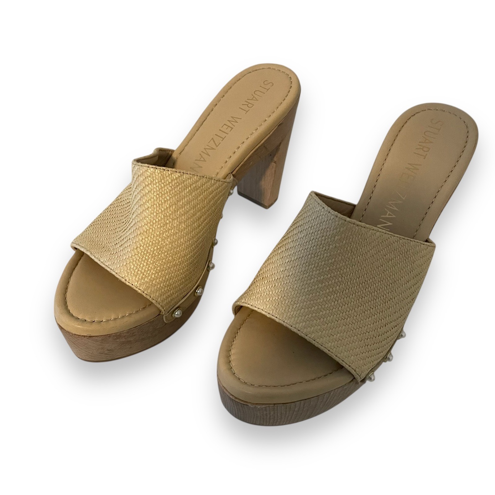 Stuart Weitzman Faux Pearl Raffia Heeled Slide Clogs Mule Women’s Size 9.5 NEW