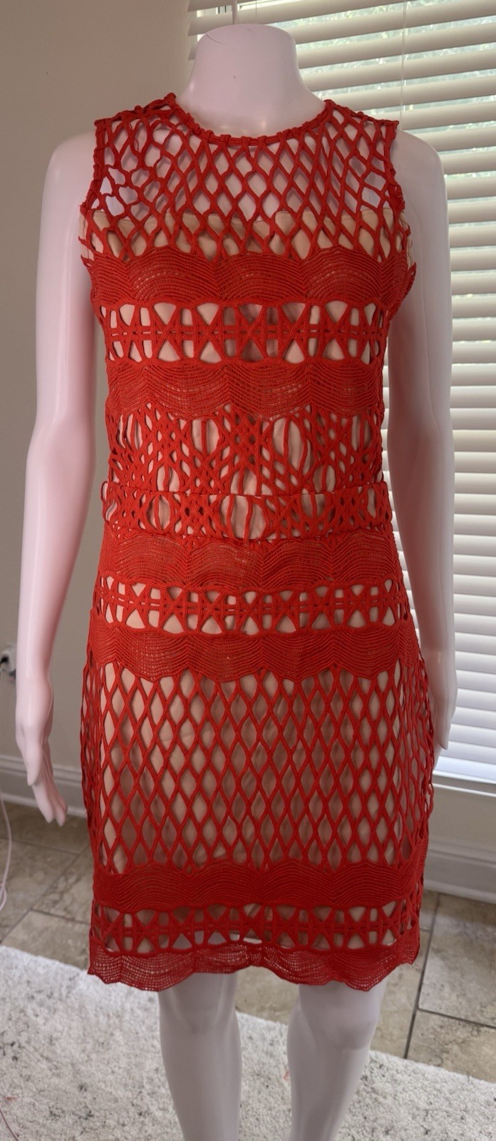 Endless Rose Women’s Guipure Lace Bodycon Dress in Orangish-Red/ Chili Size M