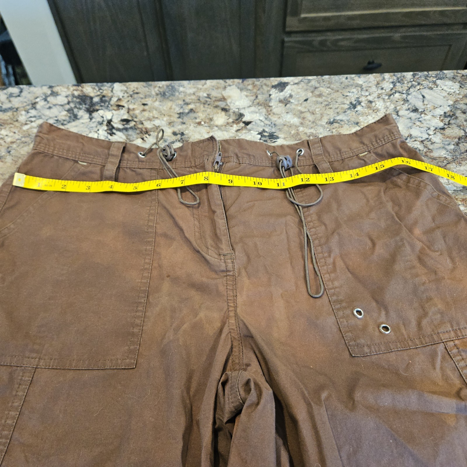 Womens Brown Distressed Wash Cargo Capri Pants Adj Drawstring Utility Hiking L