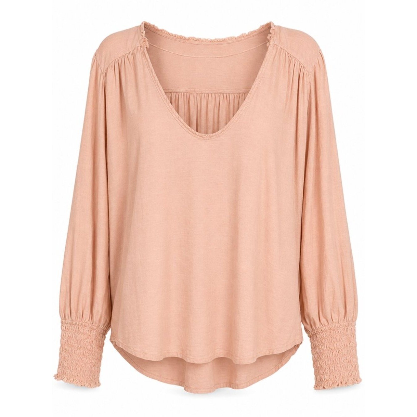We the Free Large Oversized Peach Long Sleeve Smocked Wrist Hemp Blend Top