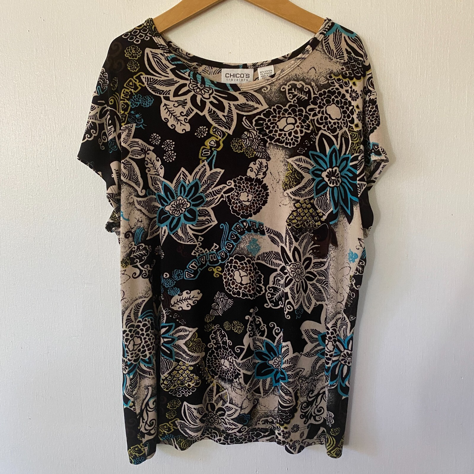 Chico’s Travelers Top Womens Large Short Sleeve Slinky Knit Floral Round Neck