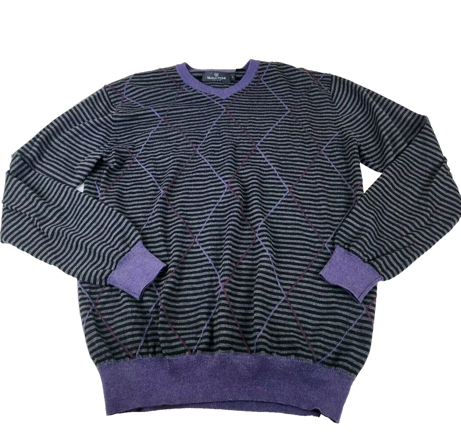 Bugatchi Uomo Mens Large Merino Wool Sweater Purple & Grey Stripe Argyle Shirt