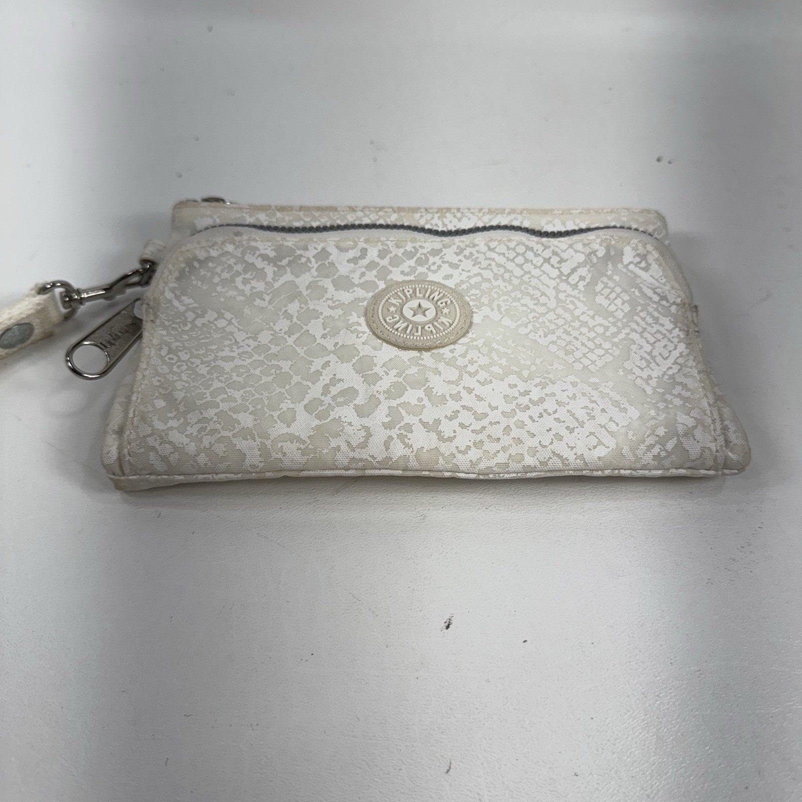 Kipling White & Gray Snakeskin Print Canvas Zipper Wristlet Pouch Front Pocket