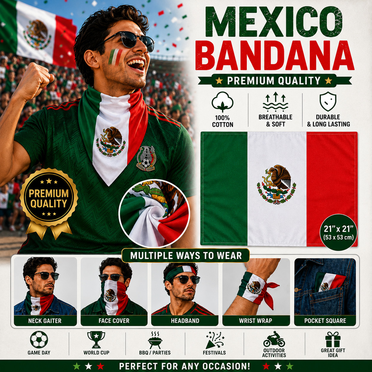3 Pack Mexico Flag Bandanas 100% Cotton Mexican Flag Headband Neck Gaiter 21×21