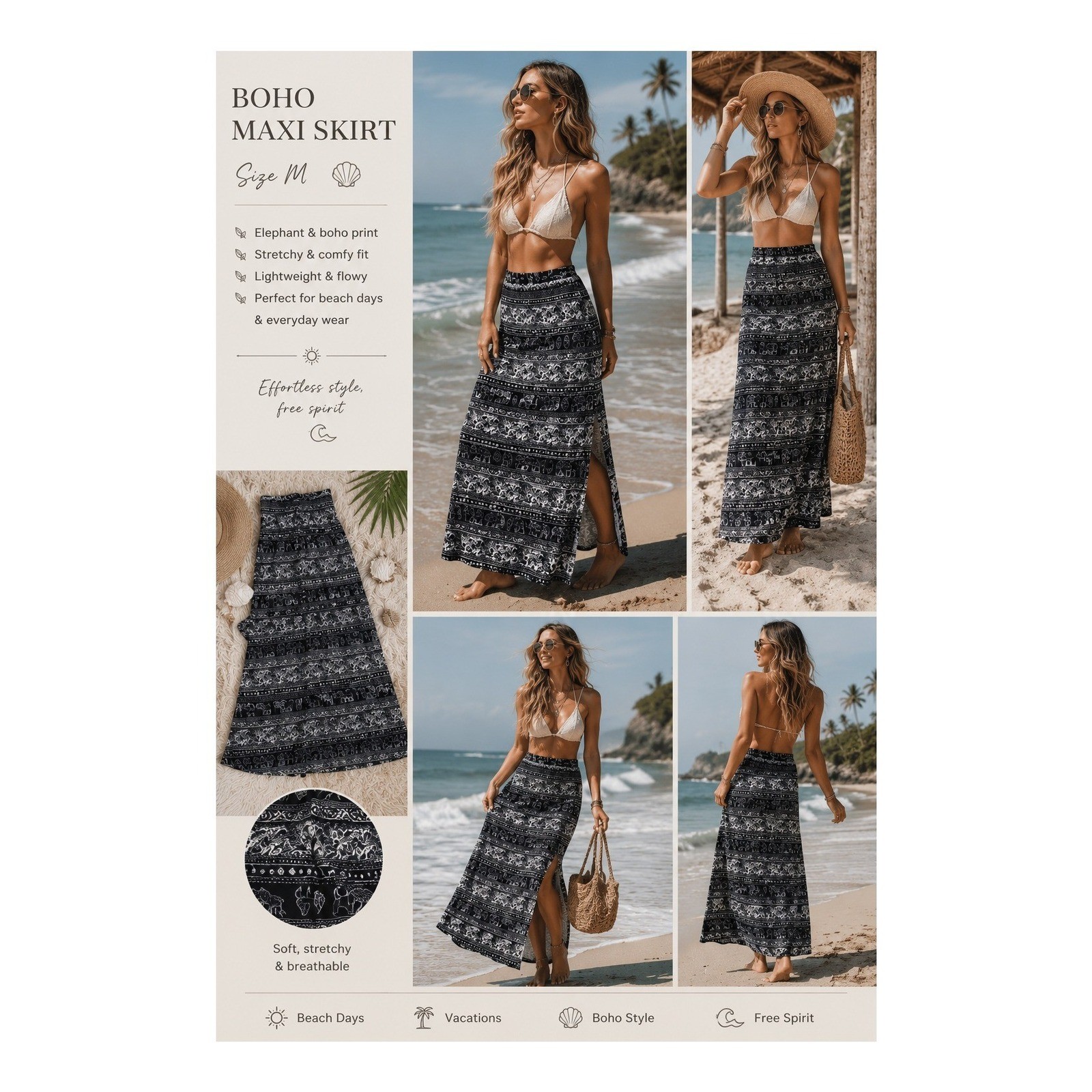 Stoosh Elephant Print Maxi Skirt Black White Boho Side Slit Stretch Medium