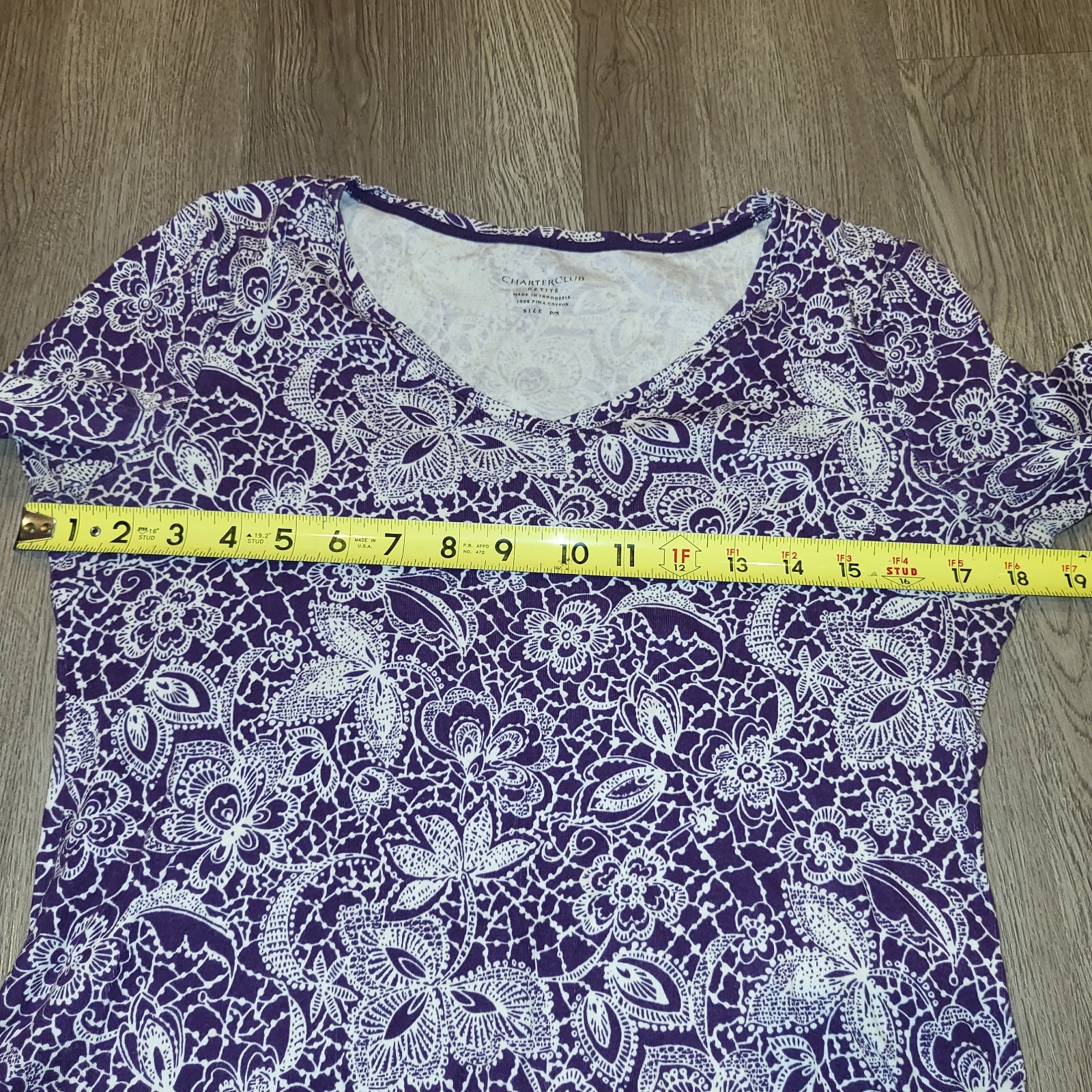 Charter Club 100% Pima Cotton Long Sleeve Purple/White Design Top Sz Petite/S