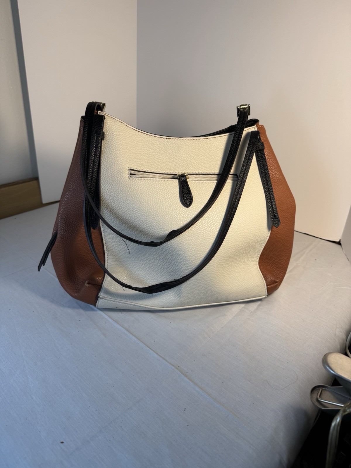 Liz Claiborne Stella 4 Poster Shoulder Bag Cream Brown Black Gold Quiet Luxury