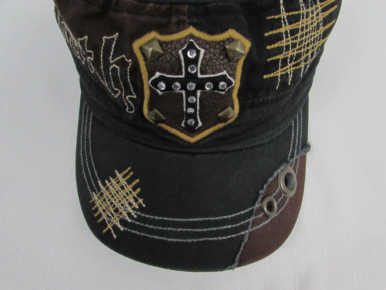 KBETHOS Military Cadet Hat Cap Fitted Womens Brown Faith Cross Distressed