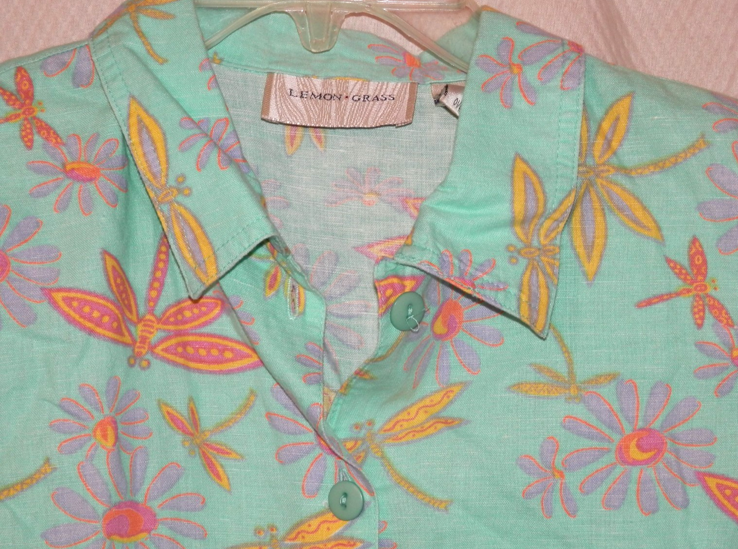 Lemon Grass Women’s Linen Blend Sleeveless Blouse Sz L Mint/Floral Dragonfly