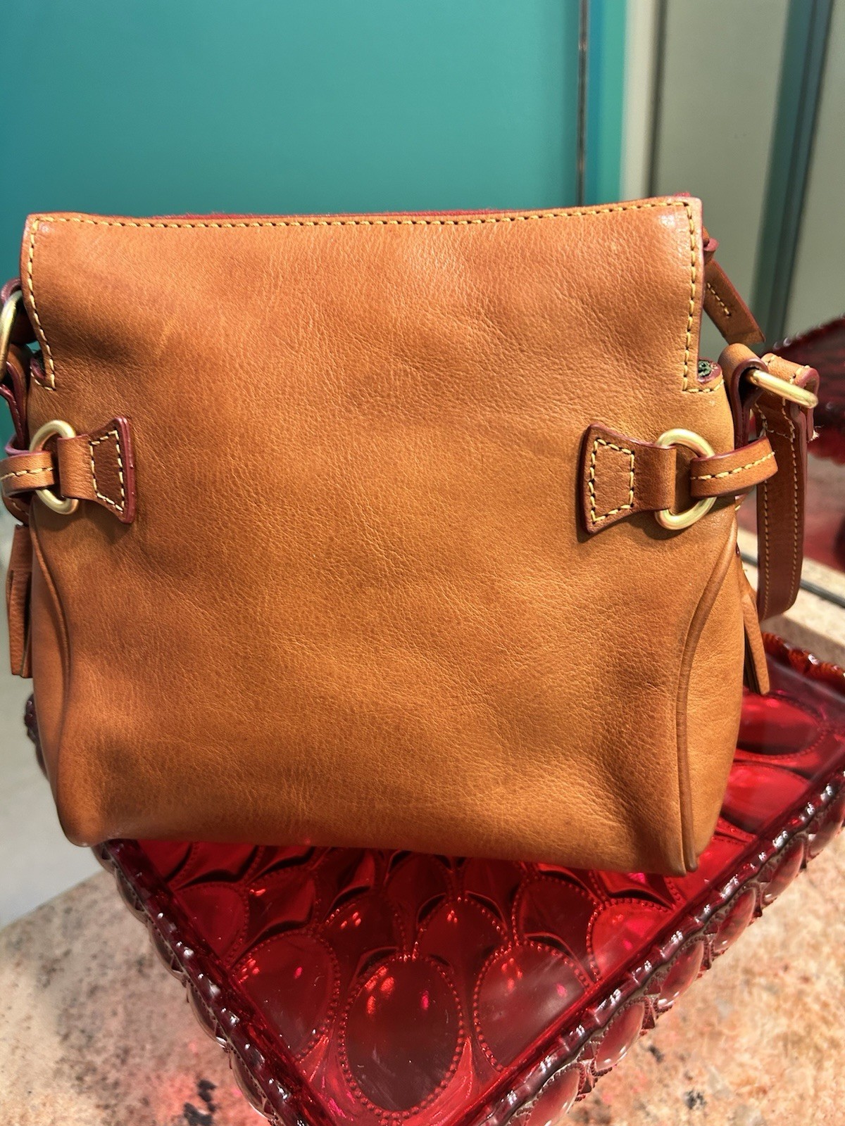 Dooney & Bourke Small Brown Satchel Top Handle Zip Tassel Strap Gold Red