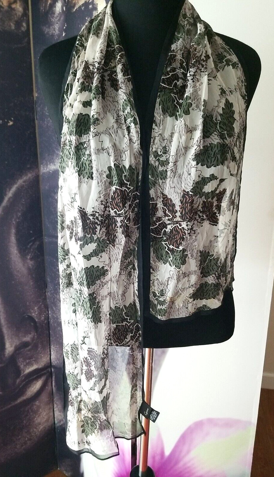 VTG Cejon Scarf 100% Green Brown Floral Colorful Retro 60” x 10”