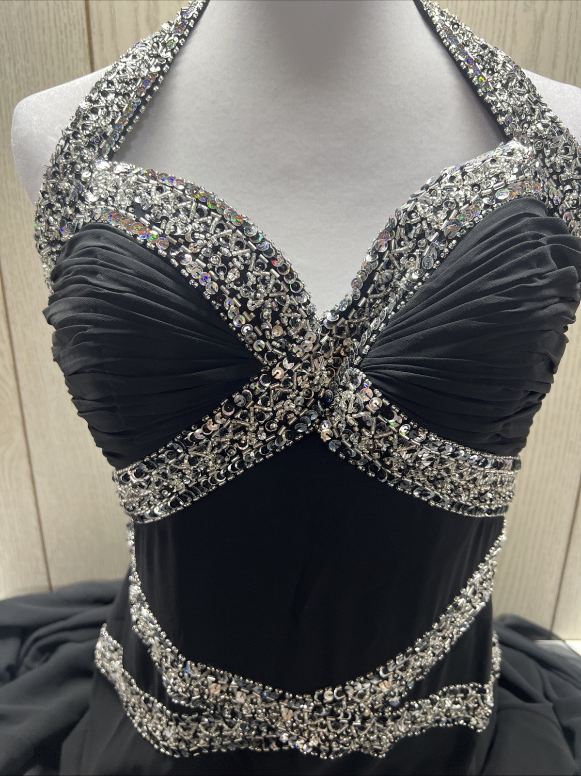 FLIRT Maggie Sottero Black Sequined Prom Gown Evening Dress Size 10 Preloved GUC