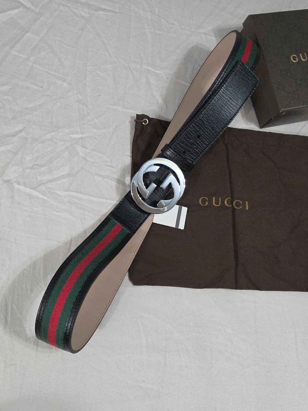 Gucci Black Green Red Striped Belt Size 38-40 IT 110CM Silver Buckle