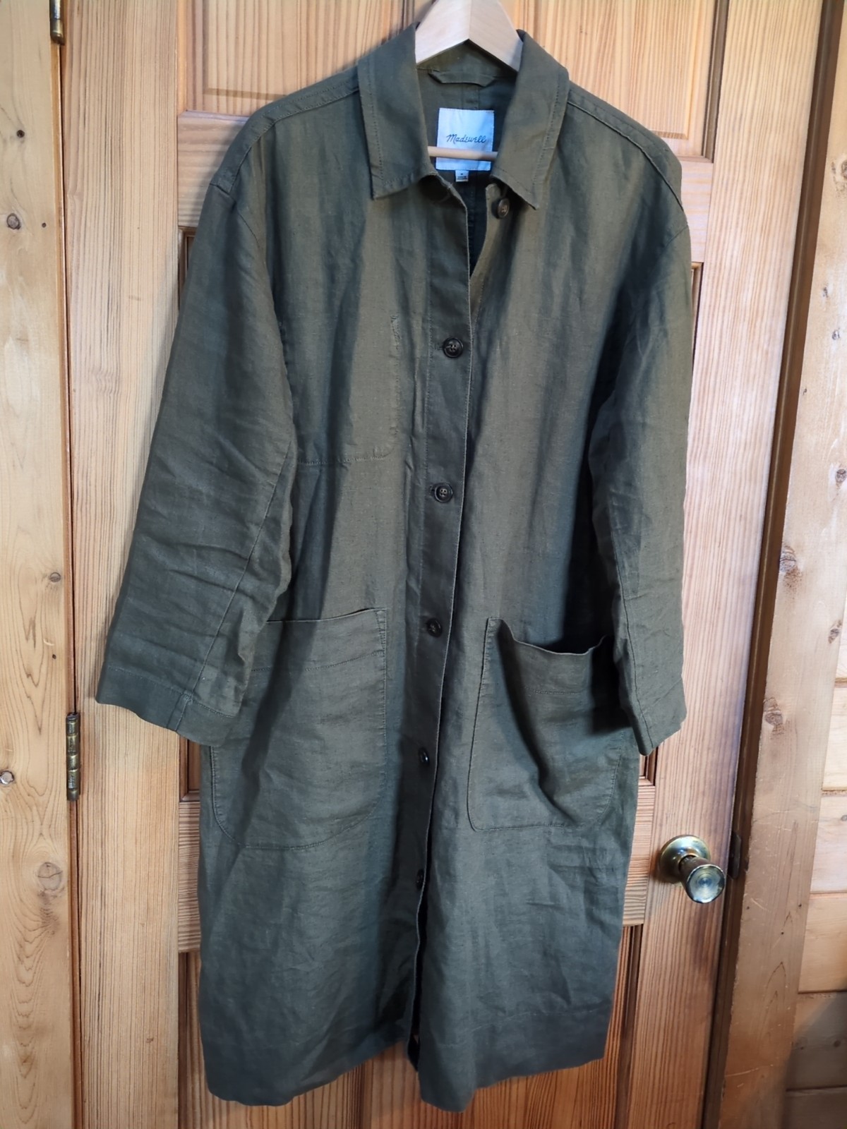 Madewell 100% Linen Medium Olive Green Long Jacket Duster Coat Lagenlook Trench