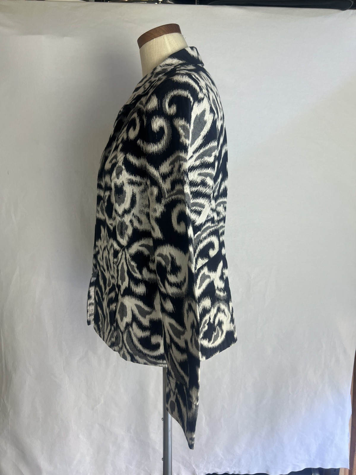 Chico’s Womens Jacket Size 1 Sm Open Front Navy Grey Cream Sher Ikat Jacquard