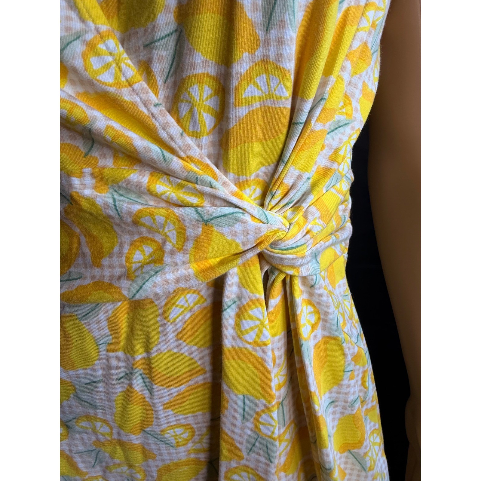 Lands End Yellow Lemon Print Faux Wrap Dress Size MP Sleeveless Gingham Tropical