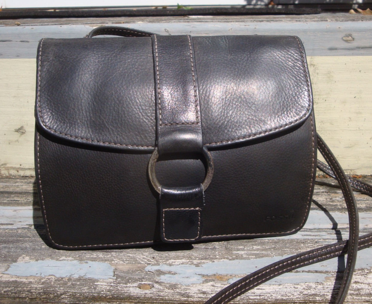 FOSSIL Black Leather Crossbody Organizer Handbag Shoulder Boho Hippie Biker Smal