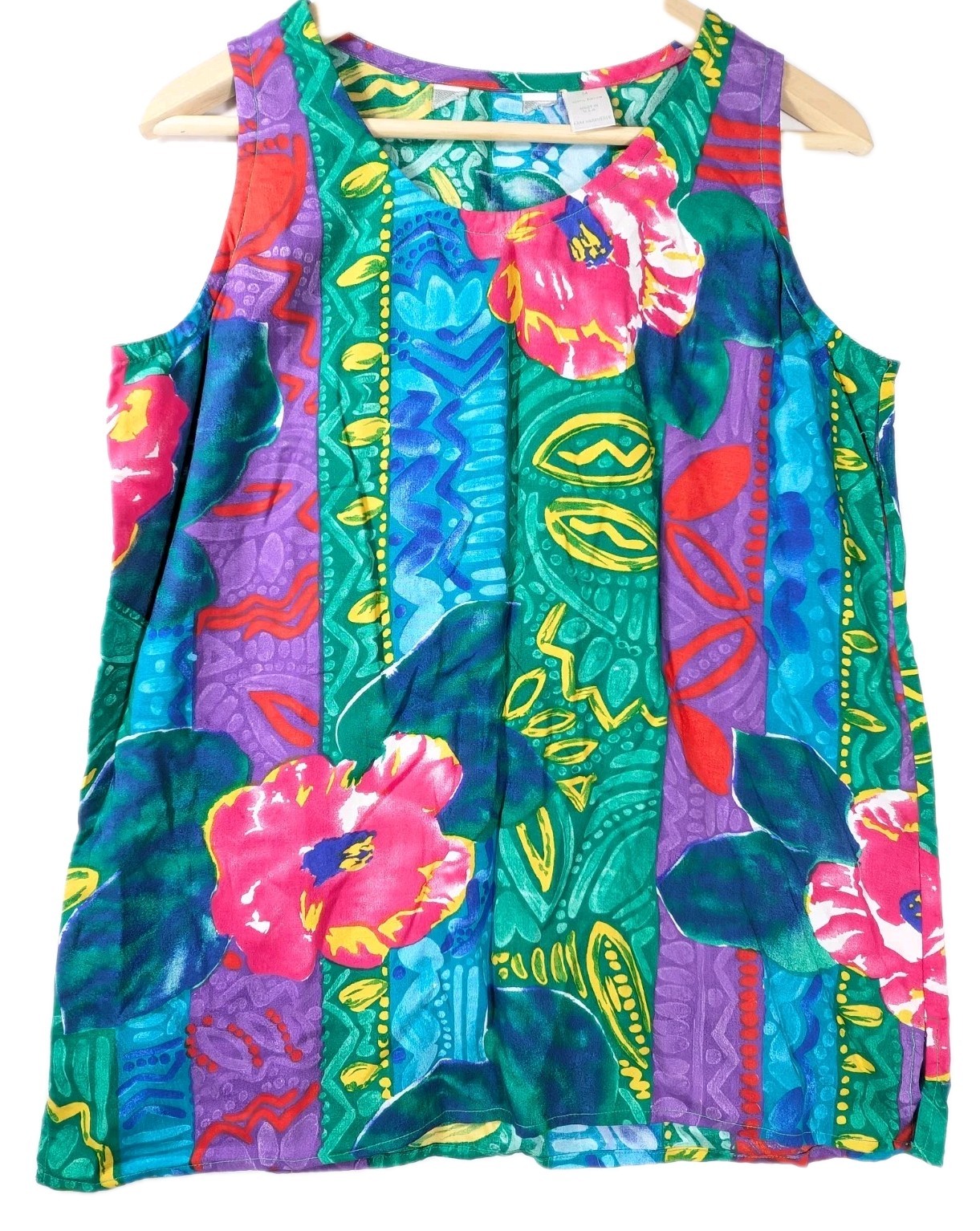 VTG 80s 90s Abstract Floral Tank Top Womens M 100% Rayon Funky Colorful USA