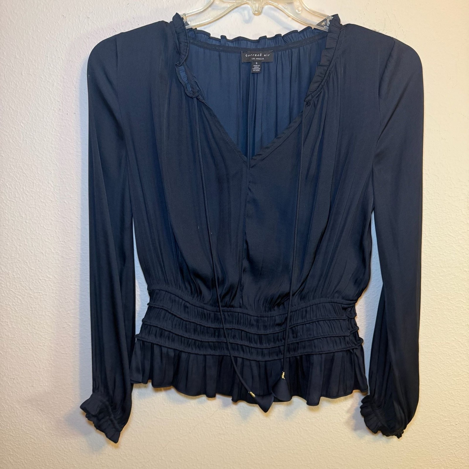 Current Air Navy Blue Smocked Waist Long Sleeve Blouse with Tie Detail