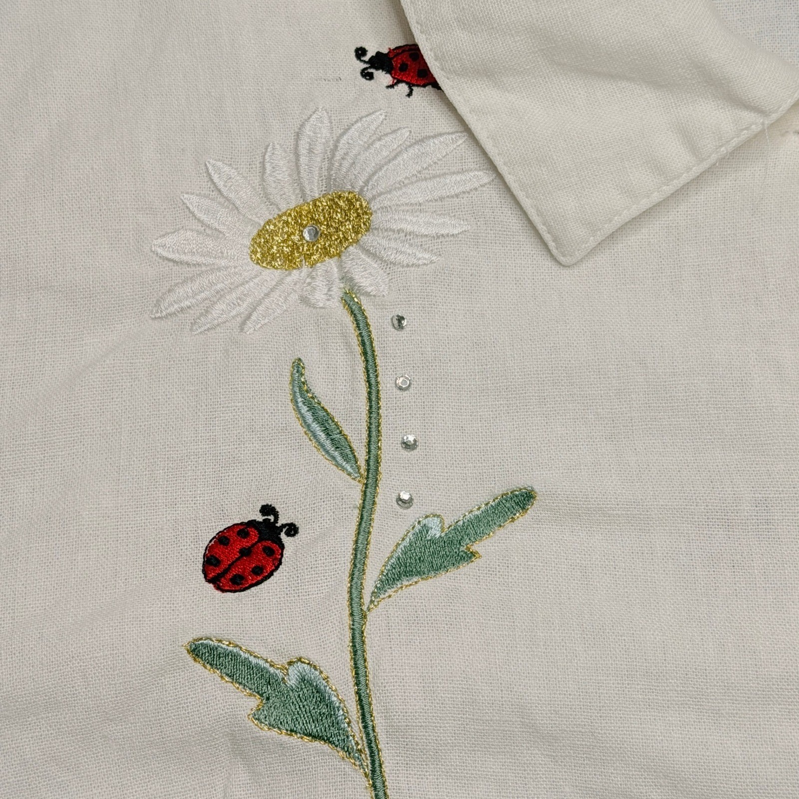 Vtg Dressbarn Button Front Shirt Womens 18 White Linen Embroidered Daisy Ladybug