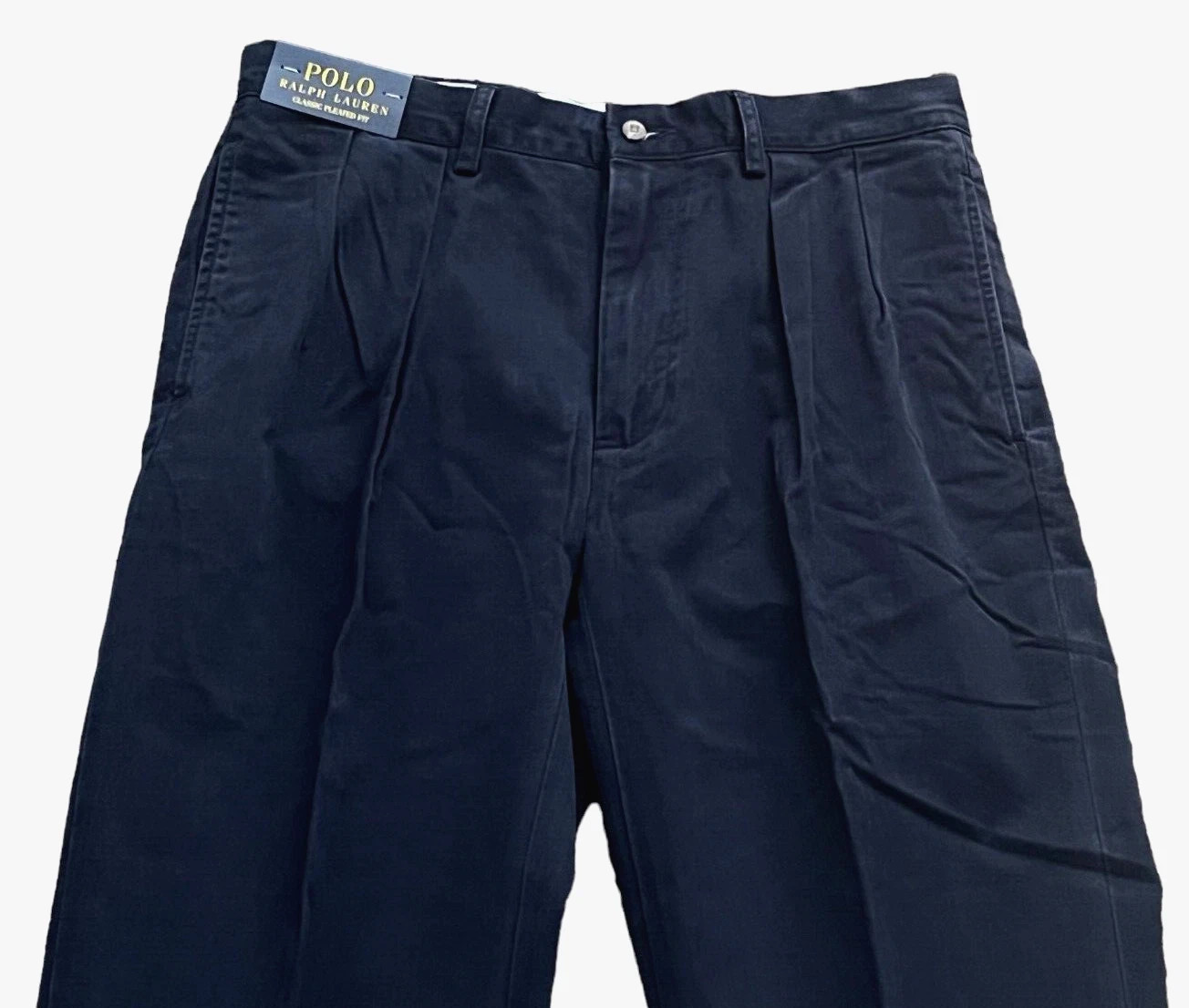 Men Polo Ralph Lauren Logo Chino Classic Fit Pleated Golf Work Pants Navy 32 34