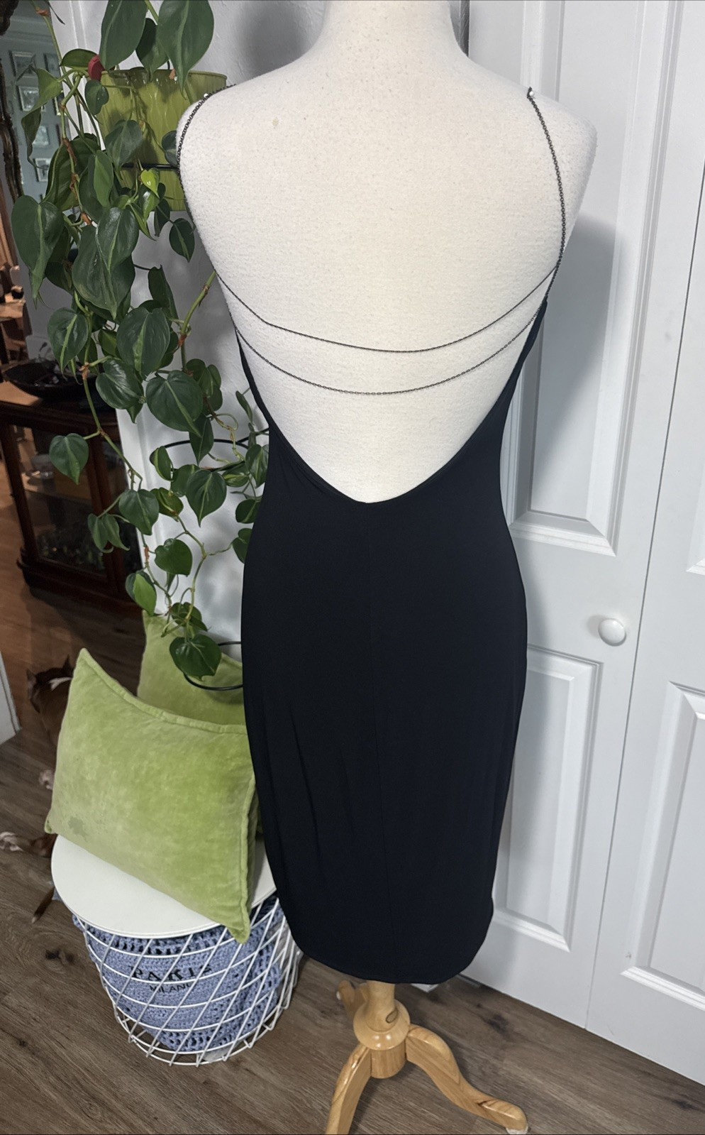 Vintage Laundry By Shelli Segal Black Open Back Midi Dress Minimalist 90s Y2K