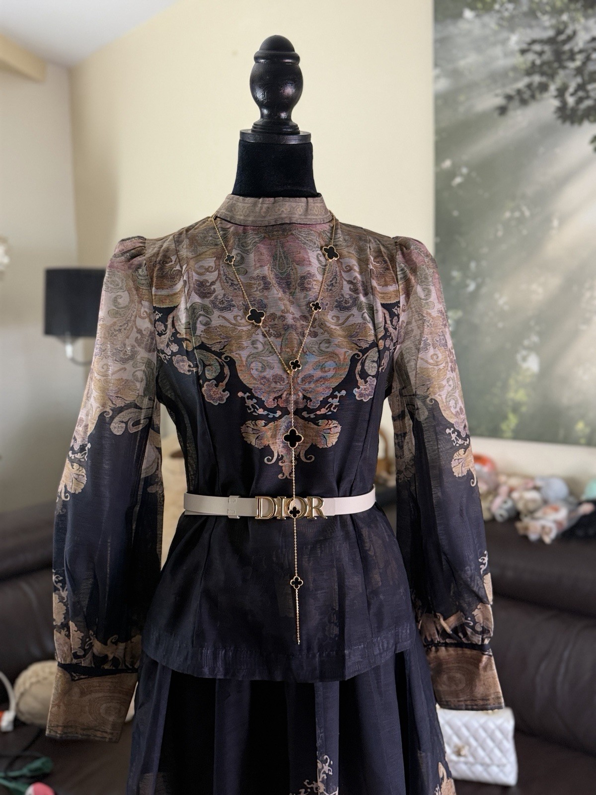 Women’s 2 piece set Black Beige Paisley Chiffon Maxi Dress High Neck Puff Sleeve