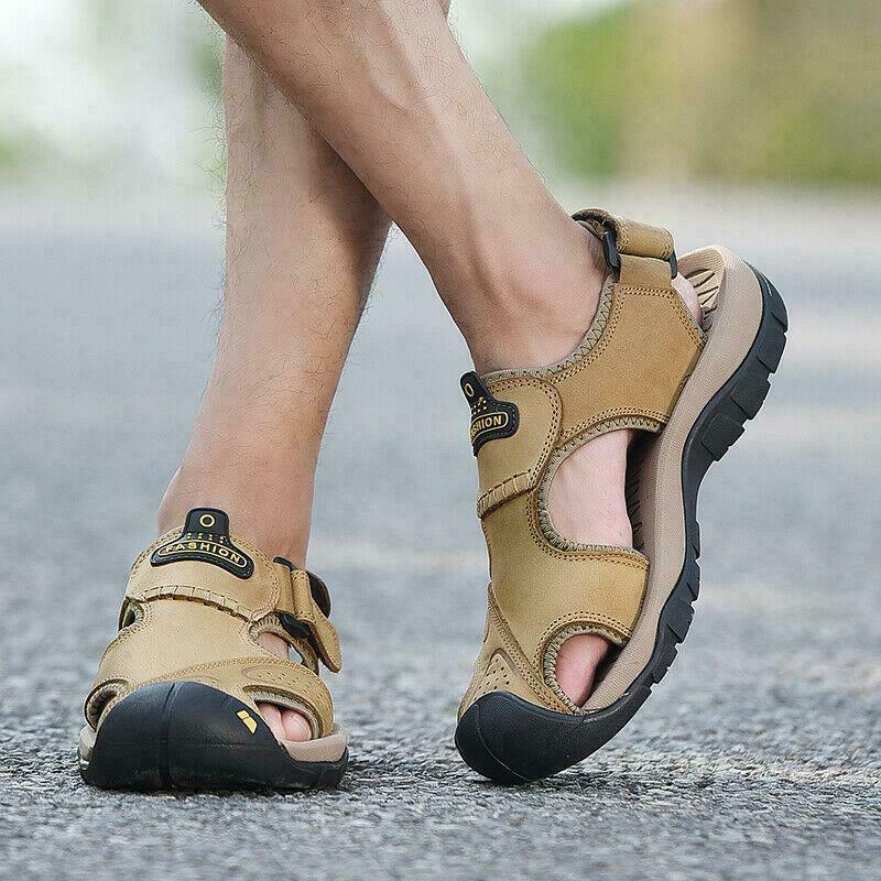 Men Leather Summer Sandals Beach Closed Toe Shoes Sports Outdoor Hiking Thongs