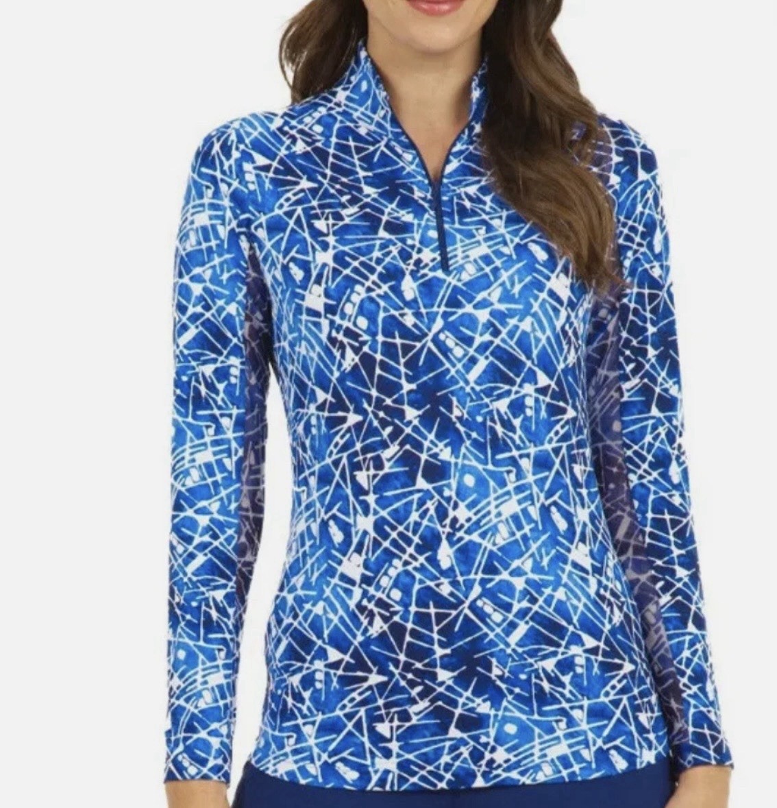 IBKUL Evie Long Sleeve Blue Geometric Mock Neck 1/4 Zip Top Sz L