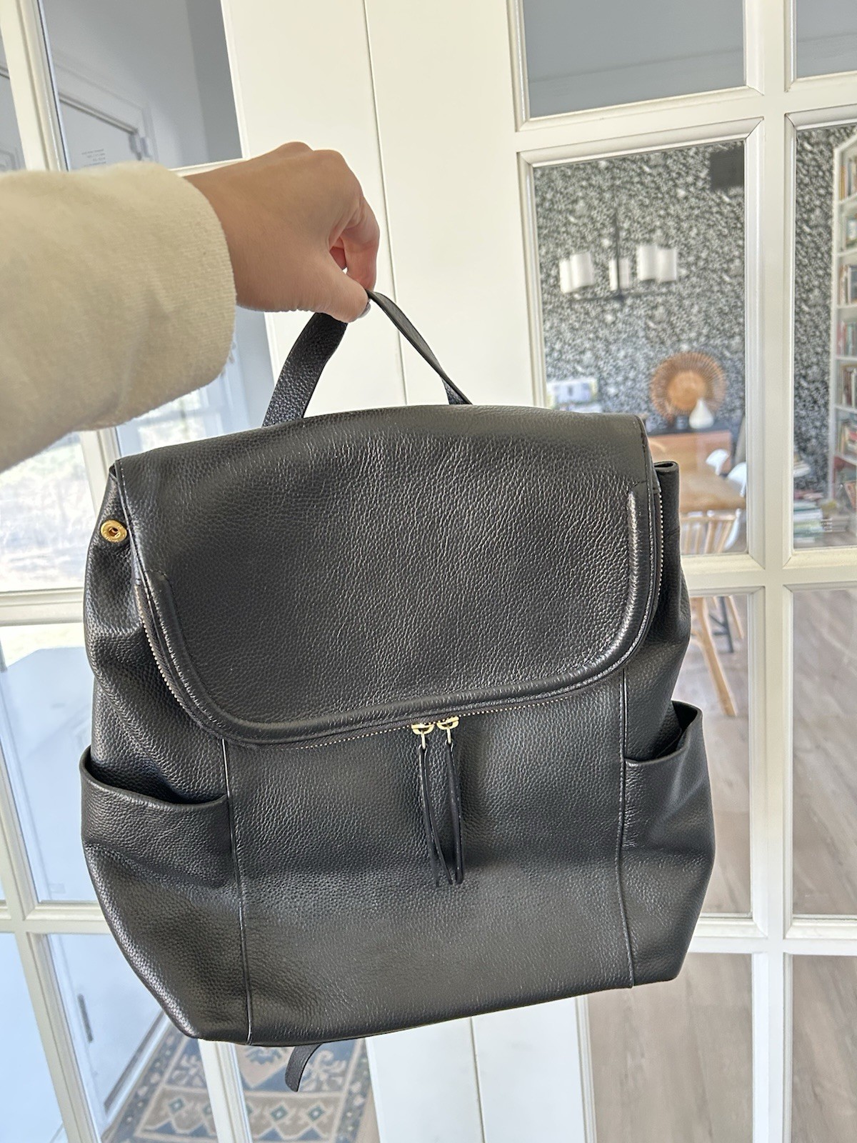 Nordstrom Black Pebbled Backpack Gold Hardware Zip Closure Detachable Strap