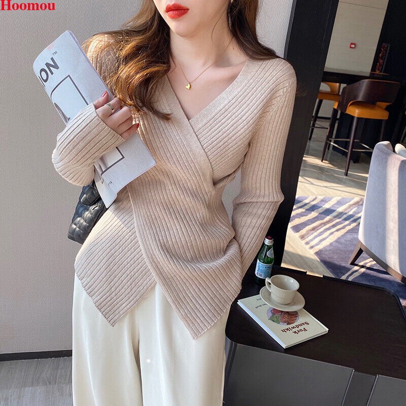 New Korean Womens Cross V-neck Asymmetric Slit Fall Winter Tops Tee Blouse
