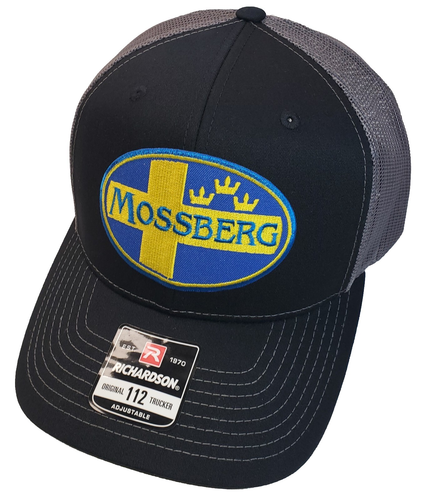 Mossberg Firearms Patch on Richardson 112 Trucker Hat Snapback Black/Charcoal