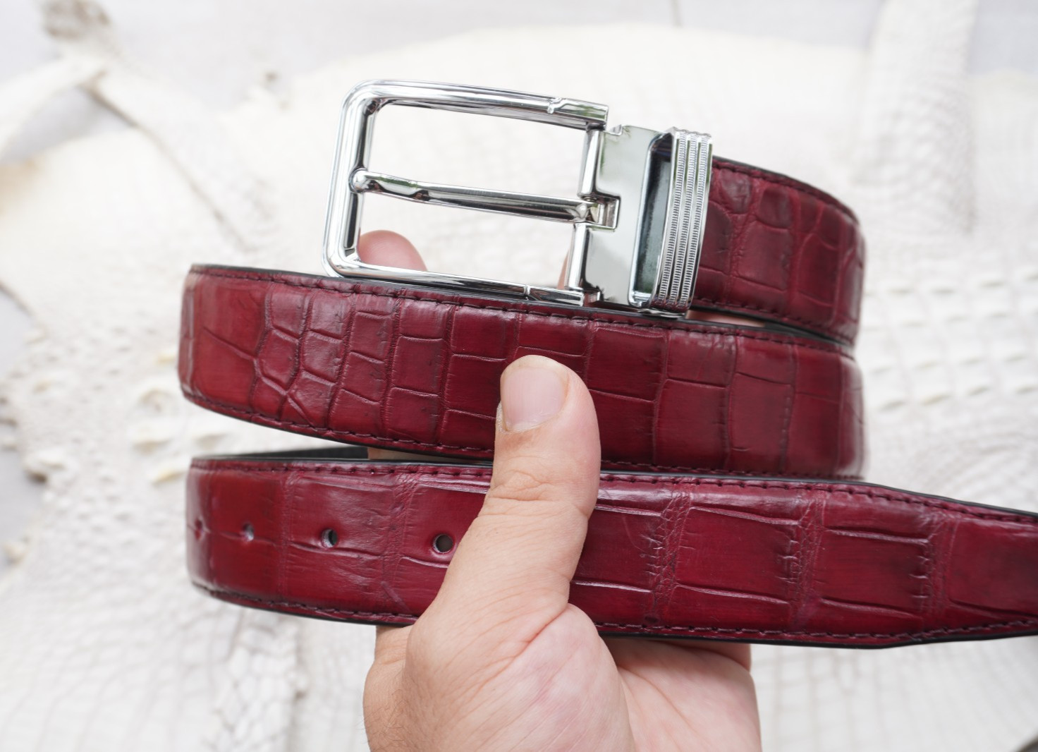 W 1.3 inch- Burgundy Genuine CROCODILE Belly LEATHER Skin Men’s Belt #Y21