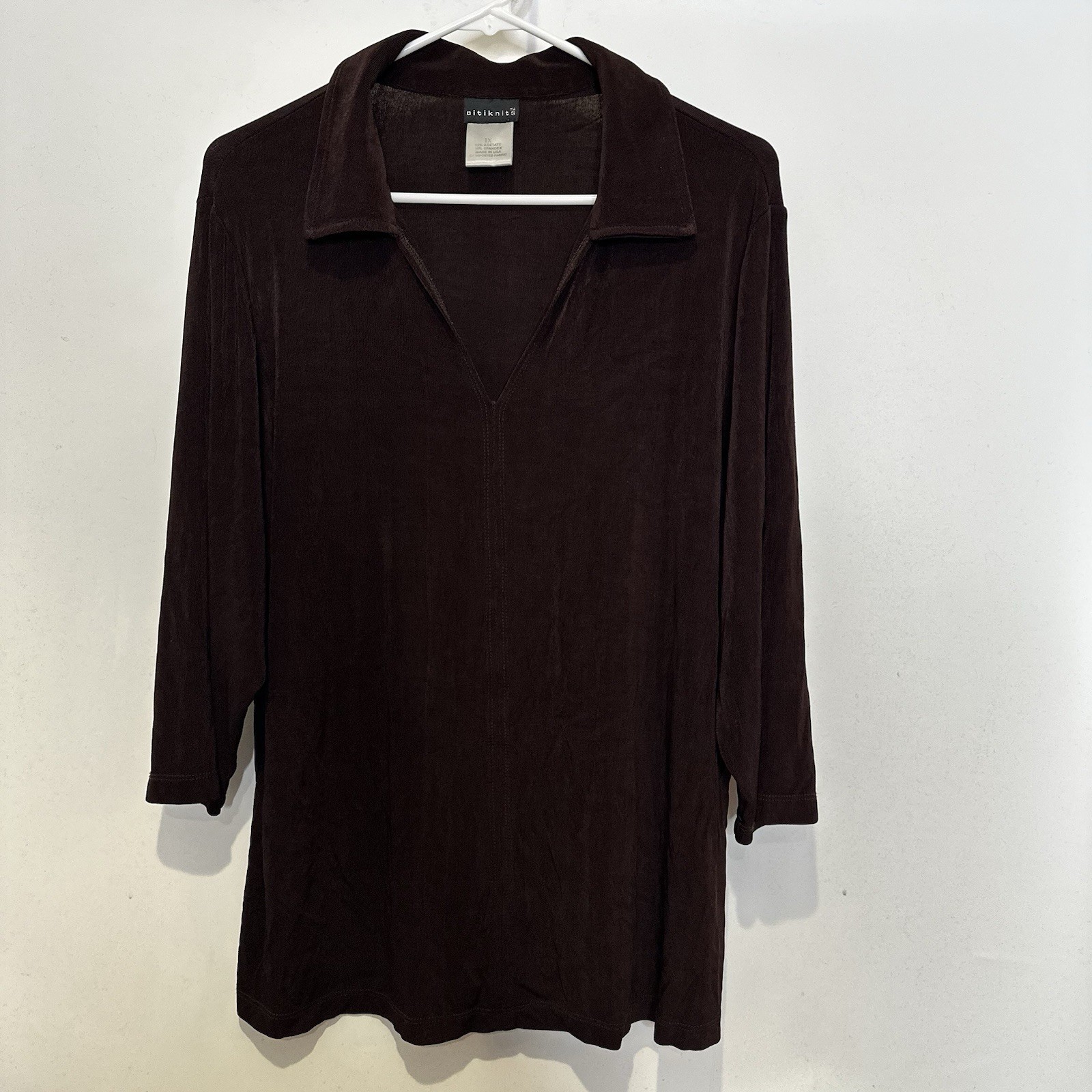 Citiknits Brown V Neck Stretch Slinky Knit 3/4 Sleeve Blouse 1X Tunic Top