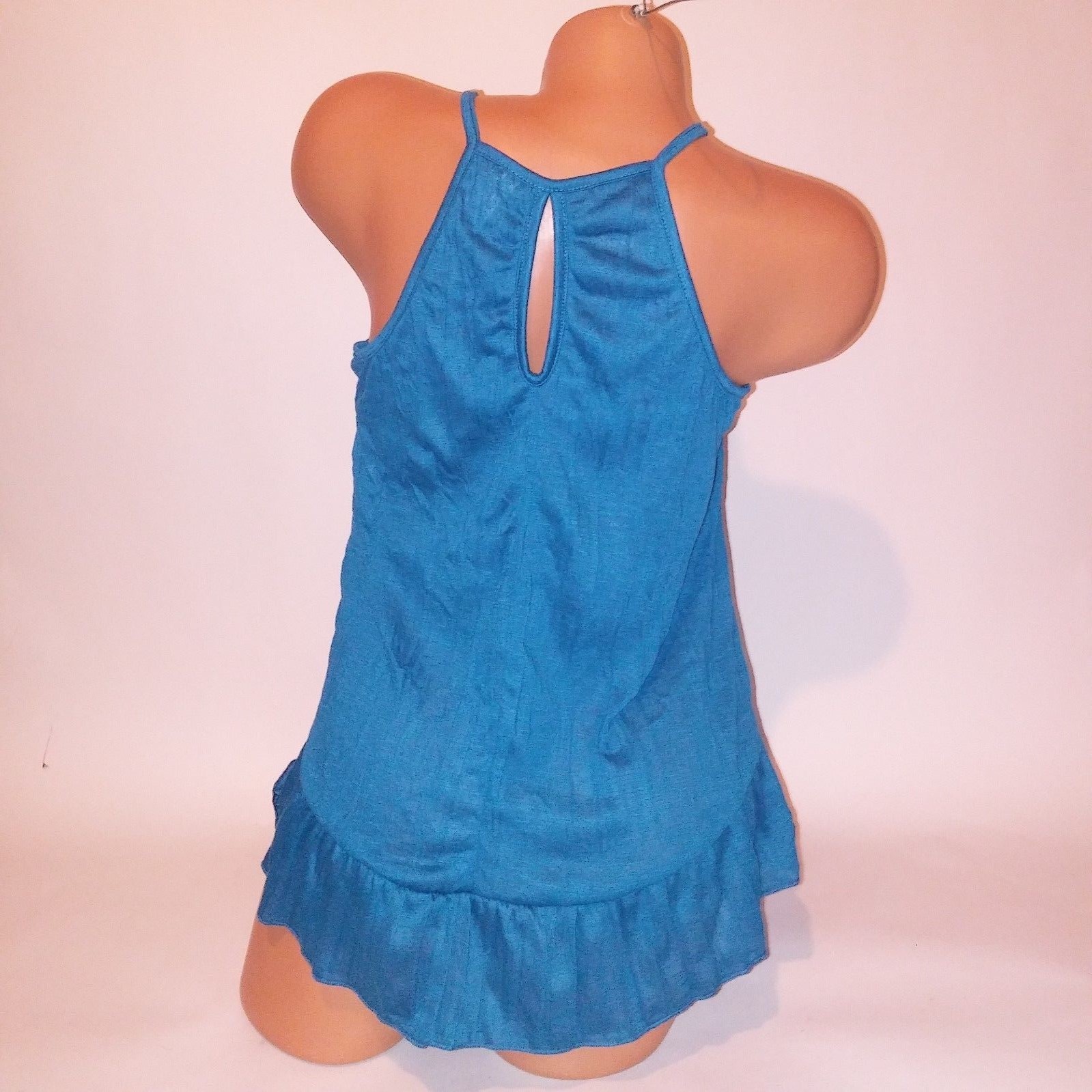 No Boundaries Tank Top Teal Solid Lace High Neck Keyhole Sleeveless