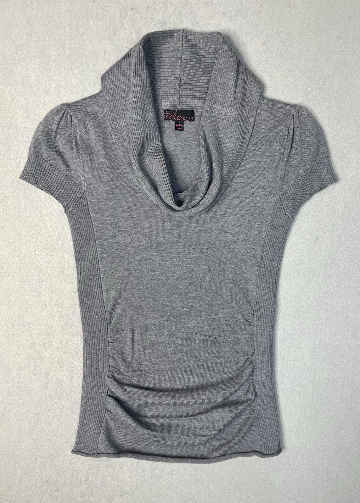 Takeout Size S Gray Turtleneck Short Sleeve Ruched Sides Knit Sweater Shirt Y2K