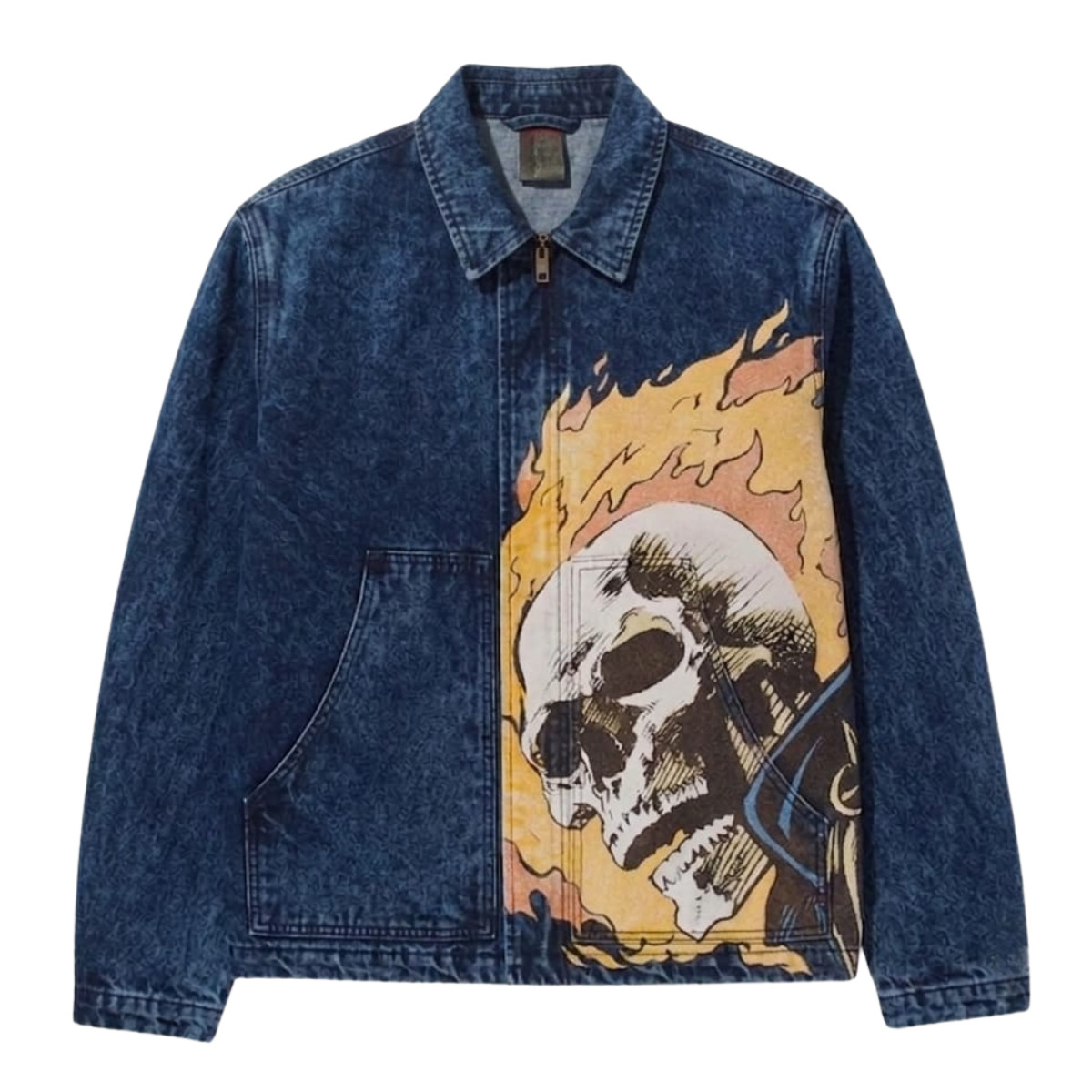Men’s Biker Ghost Print Blue Denim Jacket