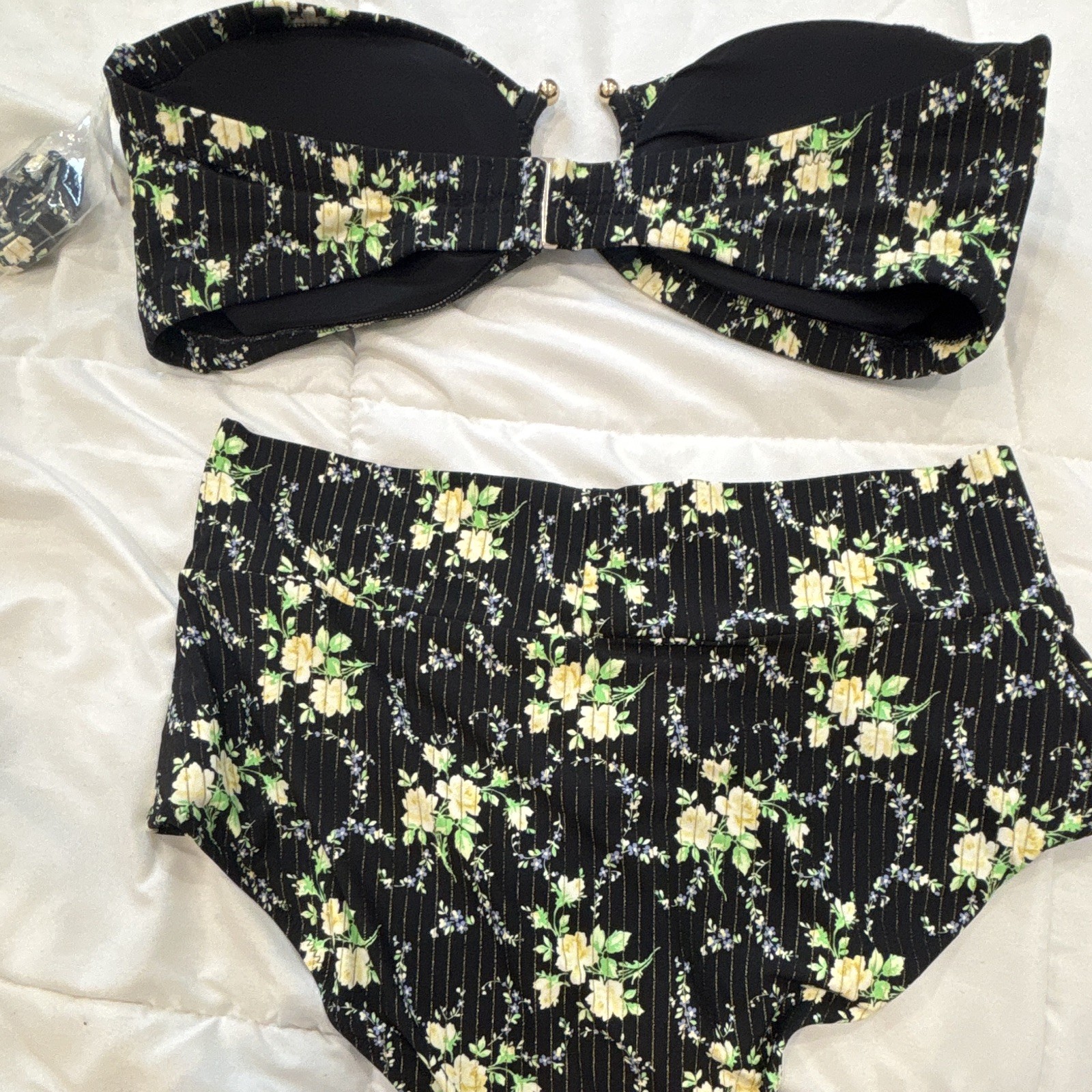 Aerie XL High-Waisted Bandeau Bikini Set Floral Striped Black Yellow