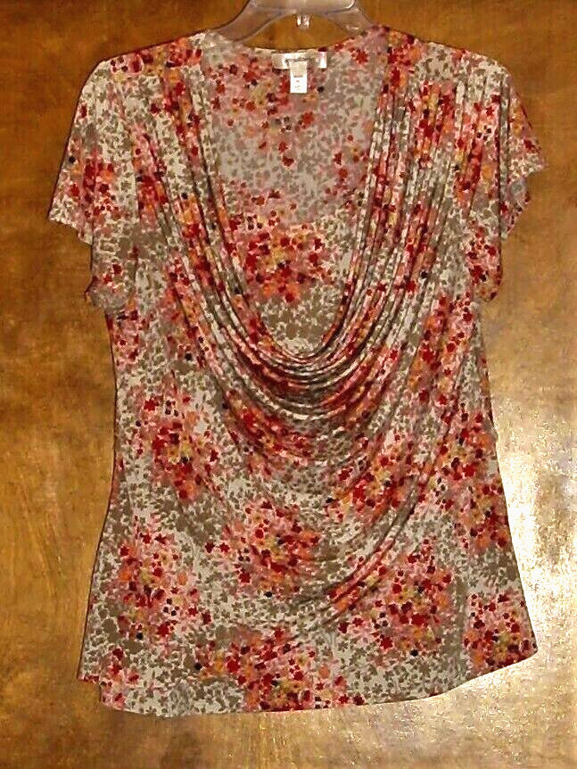 Dressbarn Petite Ladies Cap-SleeveTop,Sz PL,Side Drape Neck, Poly/Spandex,Floral