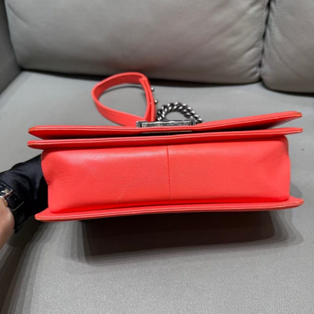 Authentic Chanel Le Boy Medium Coral Red V-Stitch Ruthenium Hardware