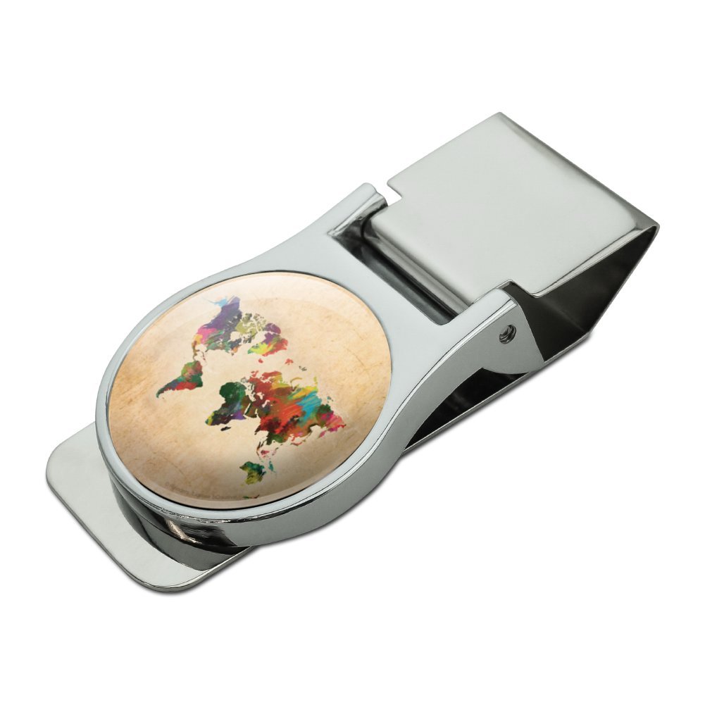 Colorful Rainbow Map of the World Earth Globe Satin Chrome Metal Money Clip