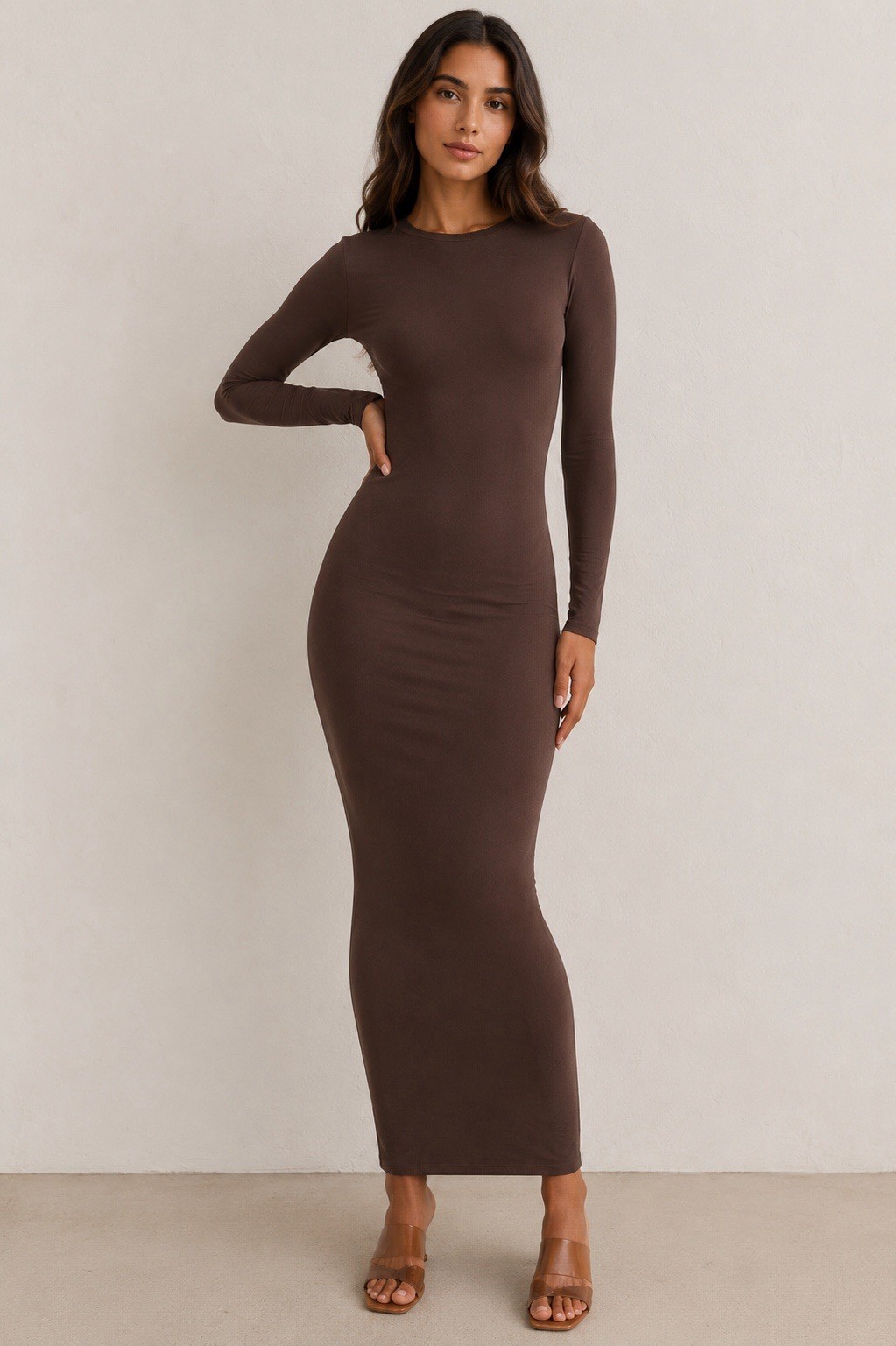 SKIMS Fits Everybody Long Sleeve Maxi Dress Cocoa Espresso Bodycon S Small